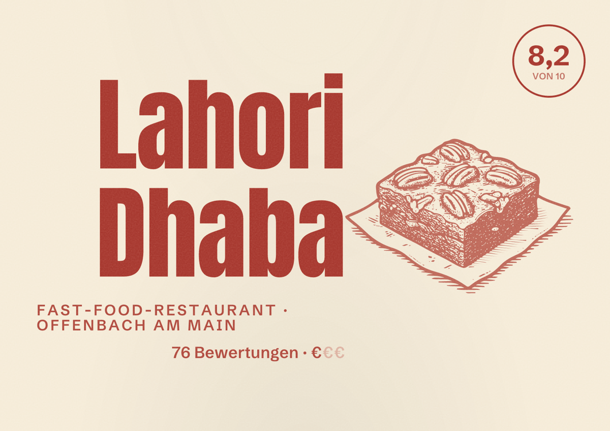 Illustriertes Poster von Lahori Dhaba, Fast-Food-Restaurant in Offenbach am Main: Bewertung 8,2 von 10 aus 76 Bewertungen, Preisniveau €