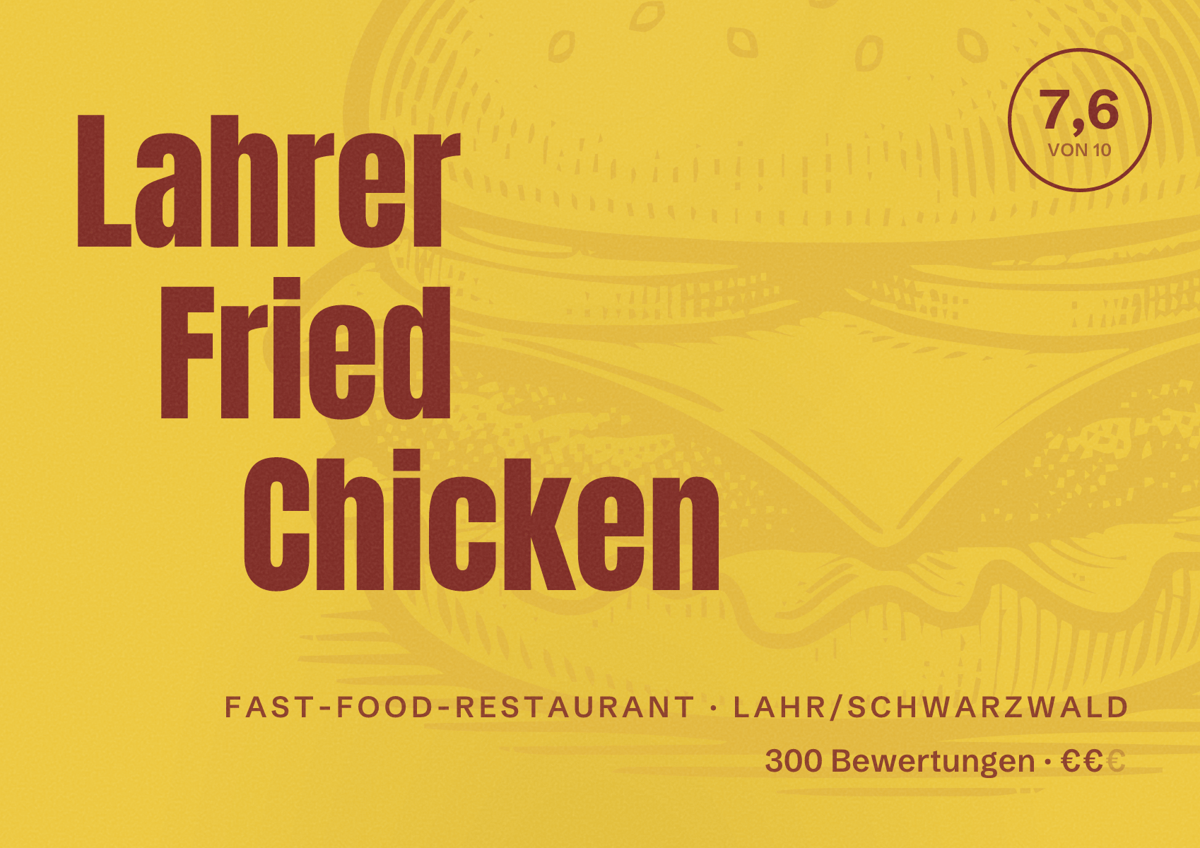 Illustriertes Poster von Lahrer Fried Chicken, Fast-Food-Restaurant in Lahr/Schwarzwald: Bewertung 7,6 von 10 aus 300 Bewertungen, Preisniveau €€
