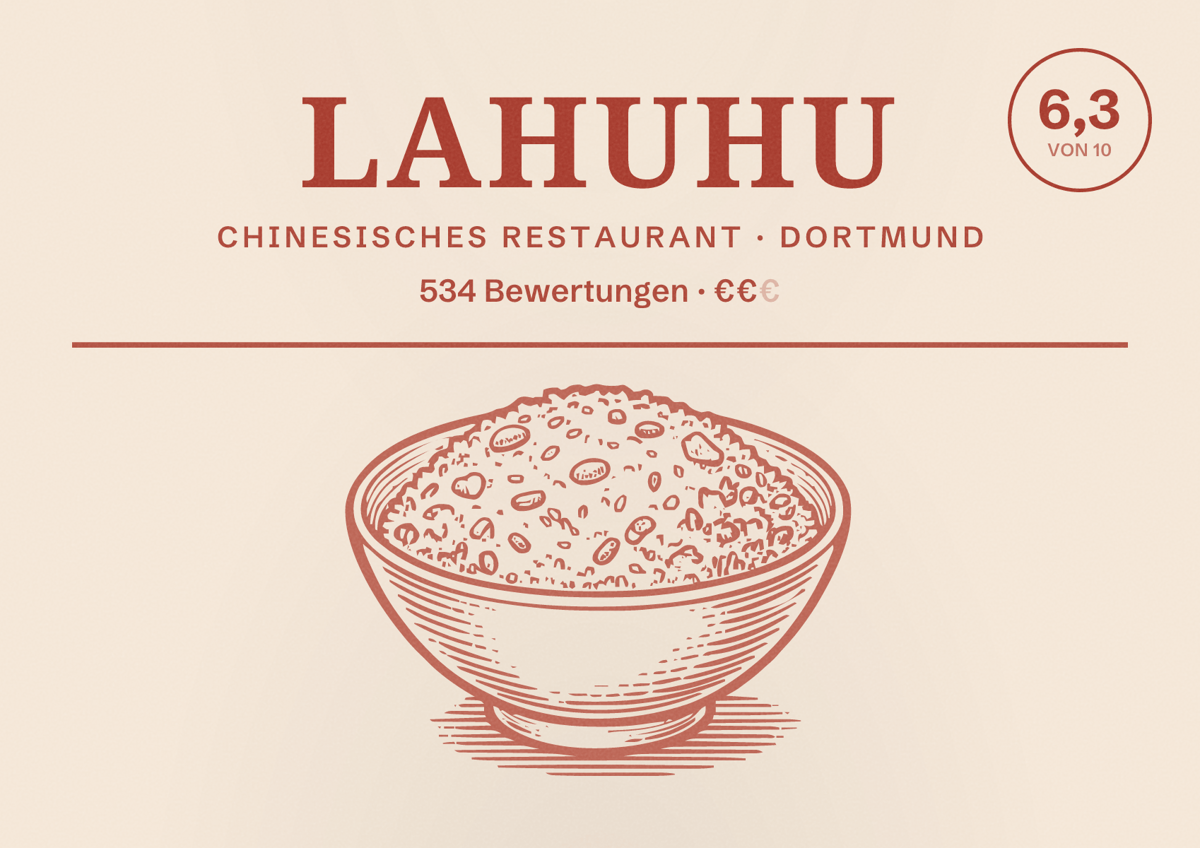 Illustriertes Poster von Lahuhu, Chinesisches Restaurant in Dortmund: Gästebewertung 6,3 von 10 aus 534 Bewertungen