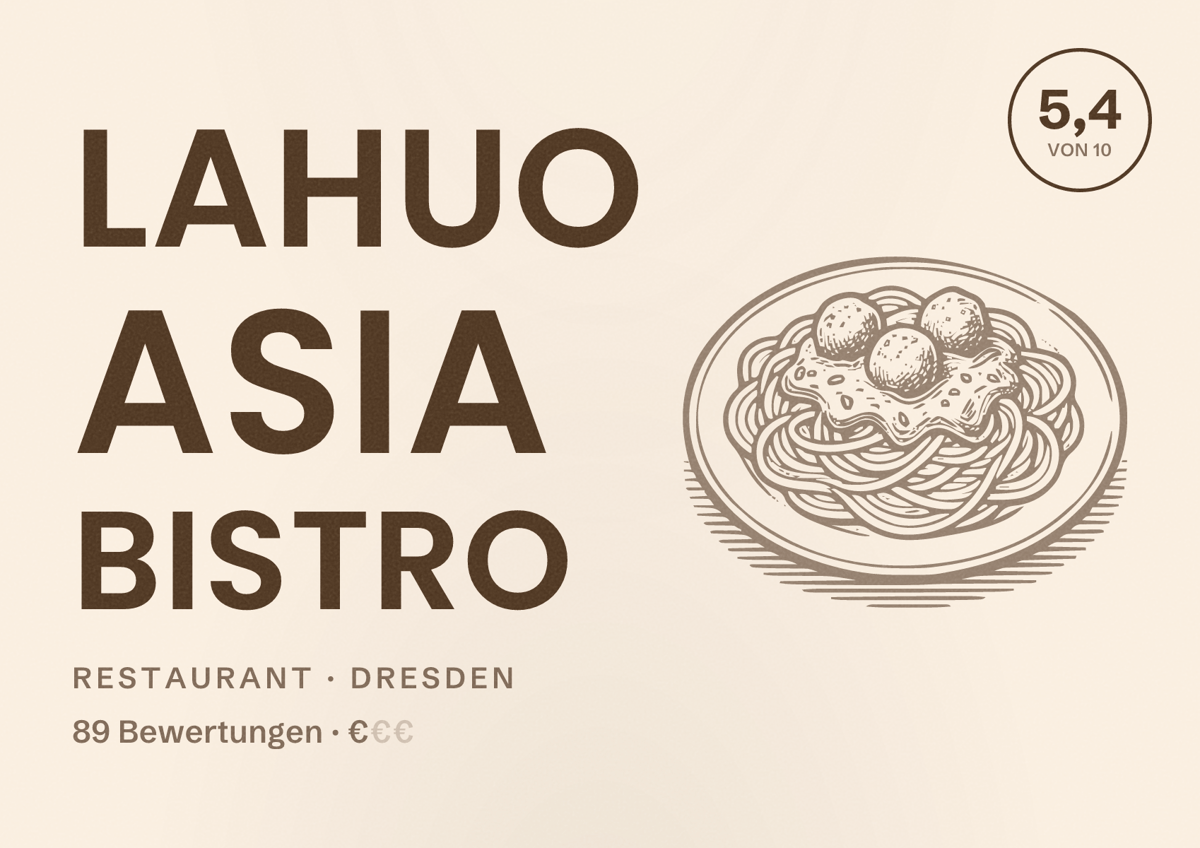 Illustriertes Poster von Lahuo Asia Bistro, Restaurant in Dresden: Bewertung 5,4 von 10 aus 89 Bewertungen, Preisniveau €