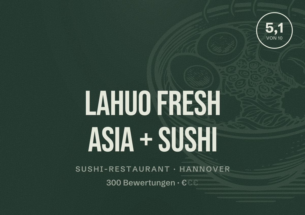Illustriertes Poster von LAHUO fresh asia + sushi, Sushi-Restaurant in Hannover: Bewertung 5,1 von 10 aus 300 Bewertungen, Preisniveau €