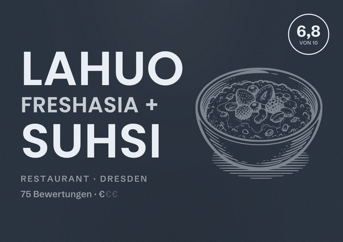 Illustriertes Poster von Lahuo freshasia + suhsi, Restaurant in Dresden: Bewertung 6,8 von 10 aus 75 Bewertungen, Preisniveau €