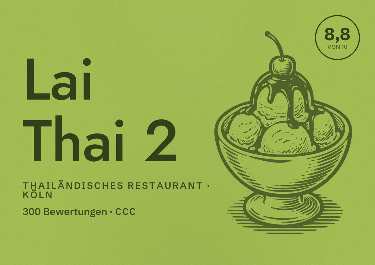 Illustriertes Poster von Lai Thai 2, Thailändisches Restaurant in Köln: Bewertung 8,8 von 10 aus 300 Bewertungen, Preisniveau €€€