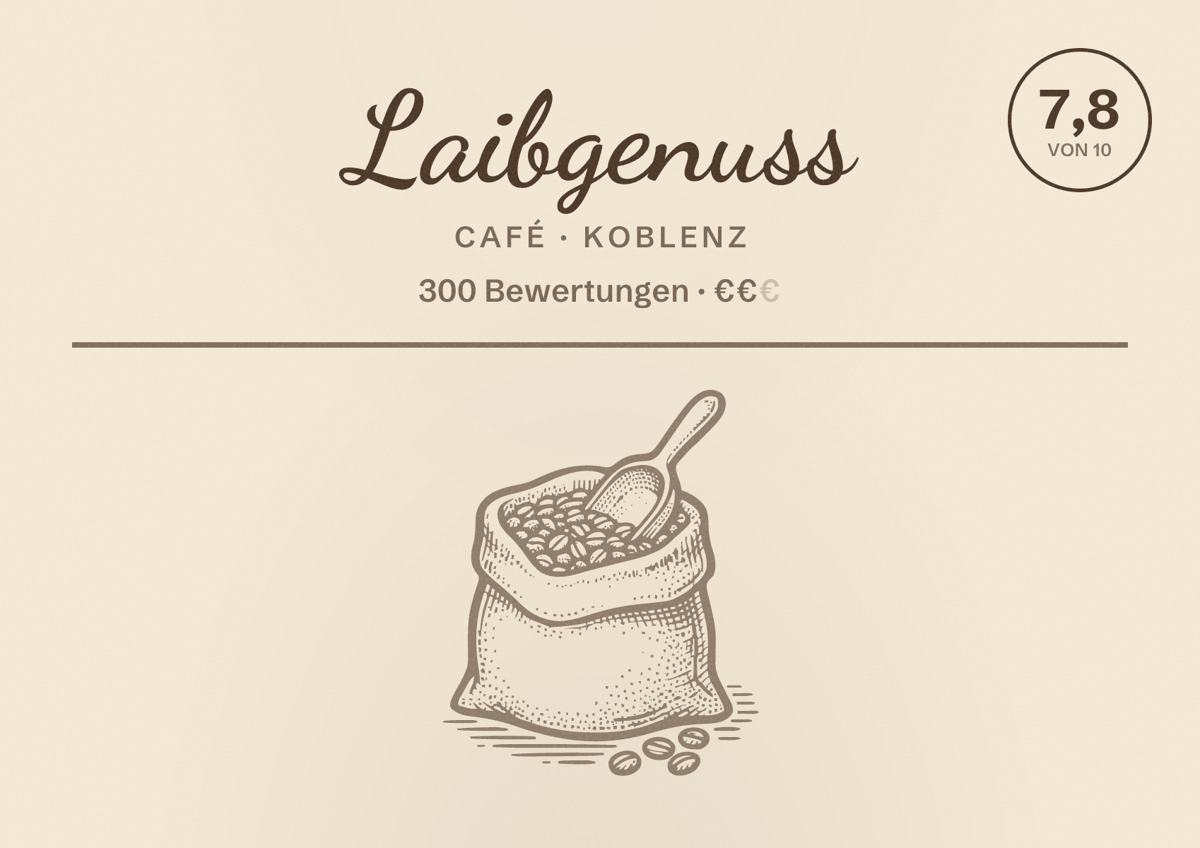 Illustriertes Poster von Laibgenuss, Café in Koblenz: Bewertung 7,8 von 10 aus 300 Bewertungen, Preisniveau €€