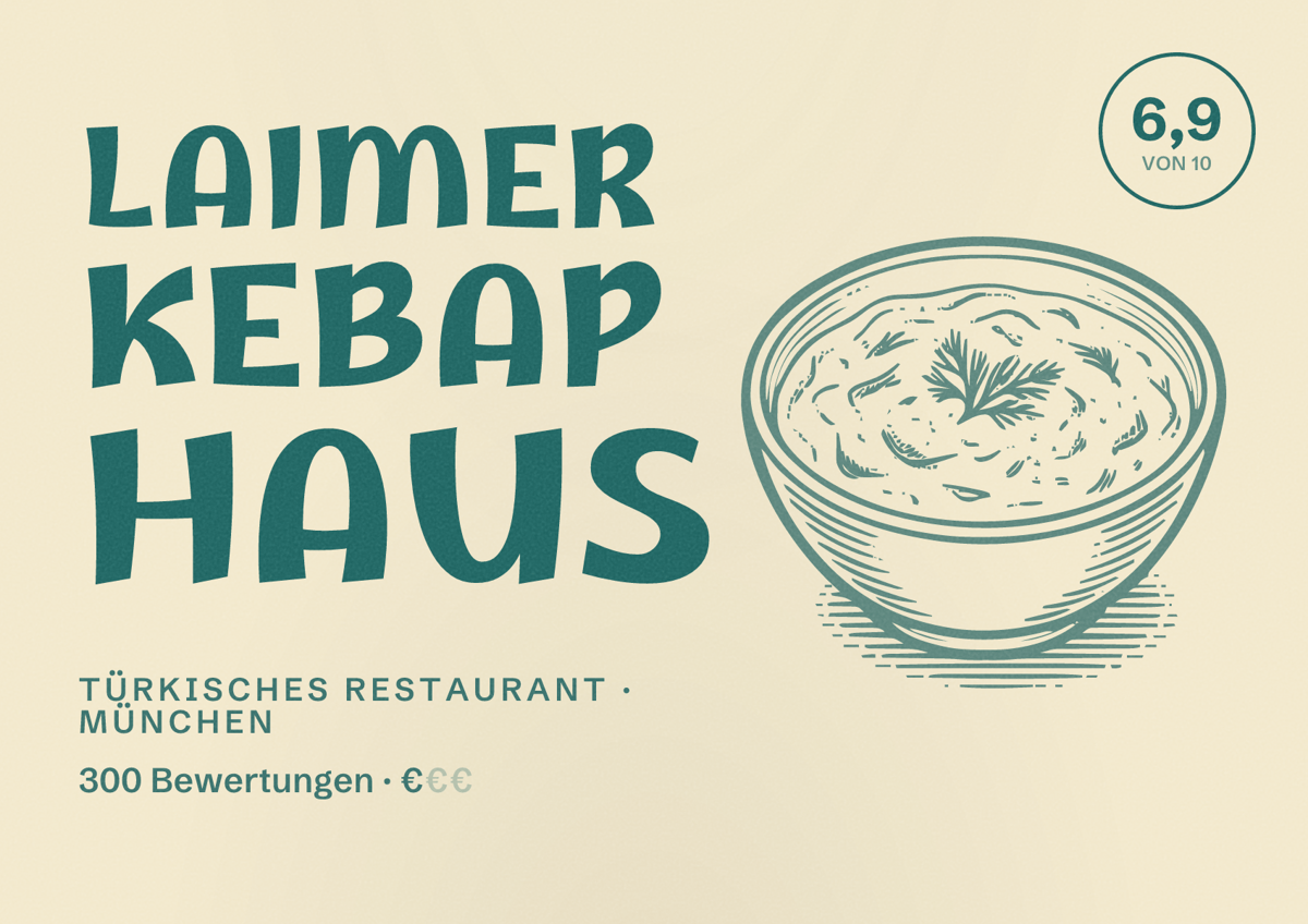 Illustriertes Poster von Laimer Kebap Haus, Türkisches Restaurant in München: Bewertung 6,9 von 10 aus 300 Bewertungen, Preisniveau €