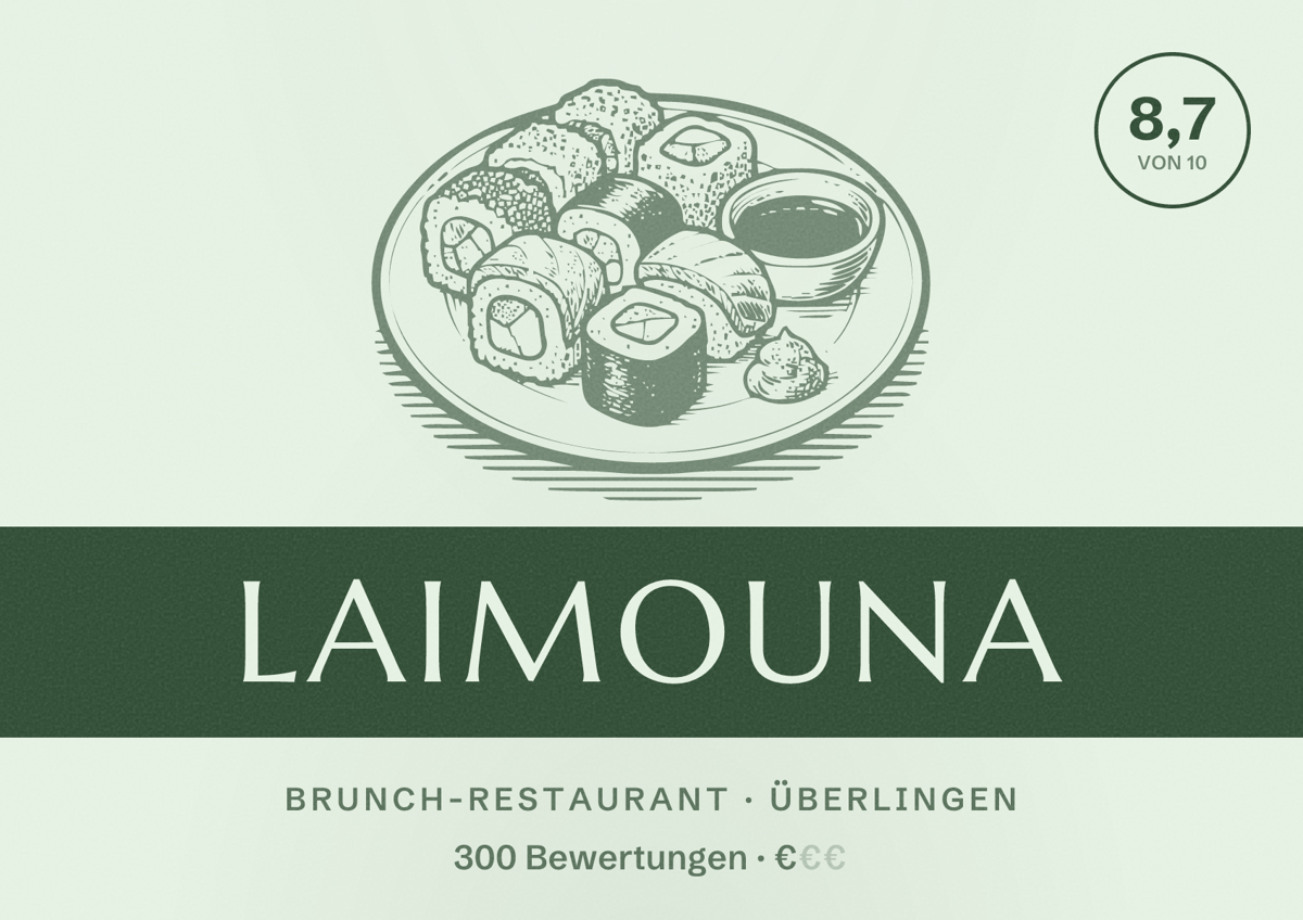 Illustriertes Poster von Laimouna, Brunch-Restaurant in Überlingen: Bewertung 8,7 von 10 aus 300 Bewertungen, Preisniveau €