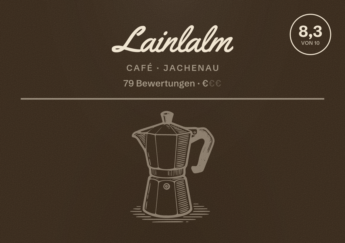 Illustriertes Poster von Lainlalm, Café in Jachenau: Bewertung 8,3 von 10 aus 79 Bewertungen, Preisniveau €