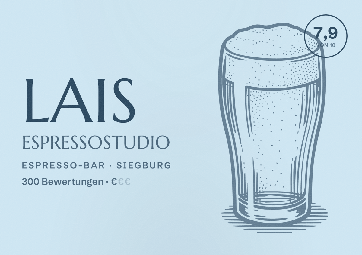 Illustriertes Poster von Lais espressostudio, Espresso-Bar in Siegburg: Bewertung 7,9 von 10 aus 300 Bewertungen, Preisniveau €