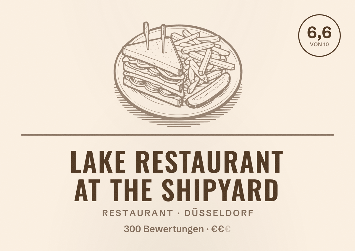Illustriertes Poster von Lake restaurant at the shipyard, Restaurant in Düsseldorf: Bewertung 6,6 von 10 aus 300 Bewertungen, Preisniveau €€