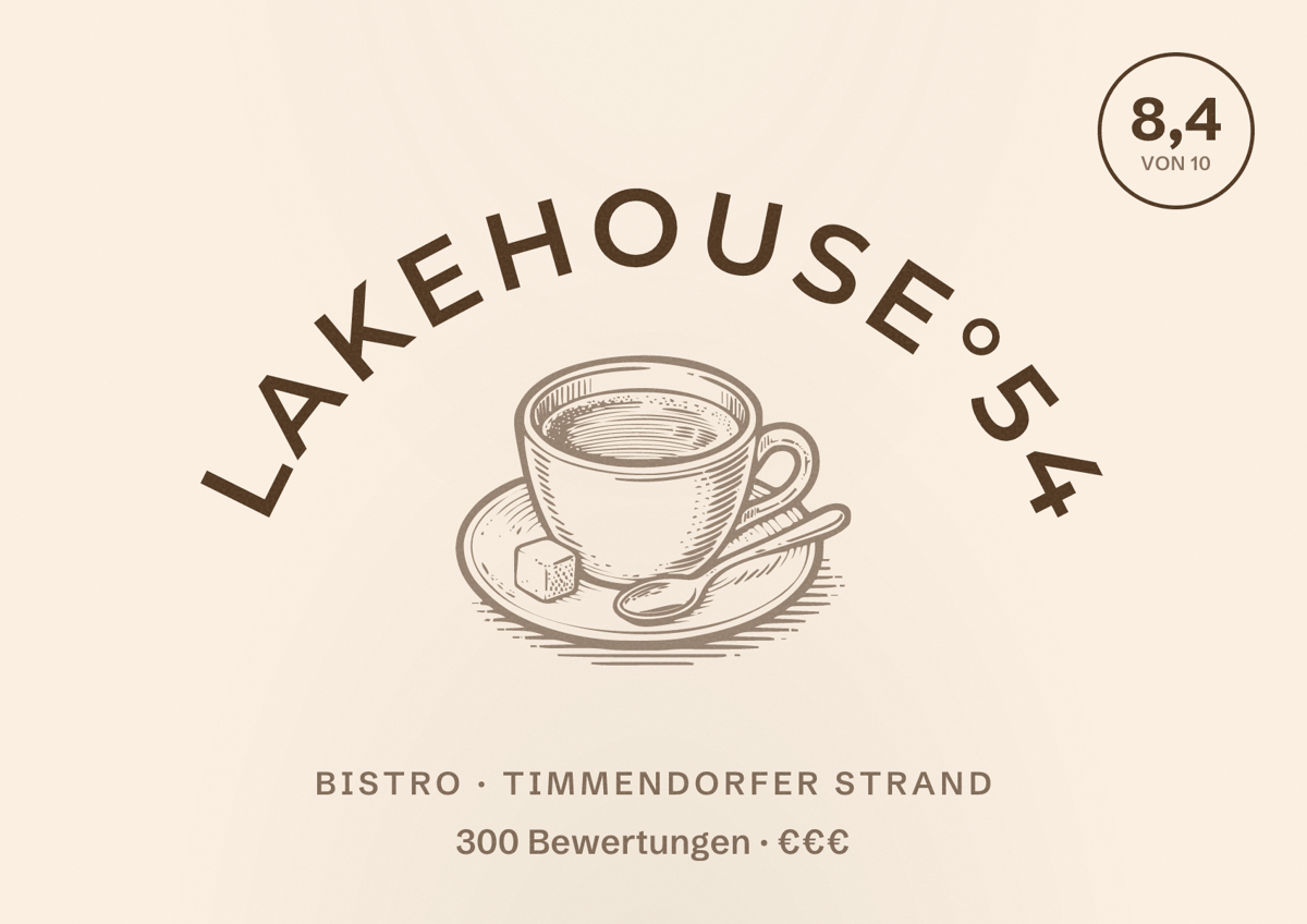 Illustriertes Poster von Lakehouse°54, Bistro in Timmendorfer Strand: Bewertung 8,4 von 10 aus 300 Bewertungen, Preisniveau €€€