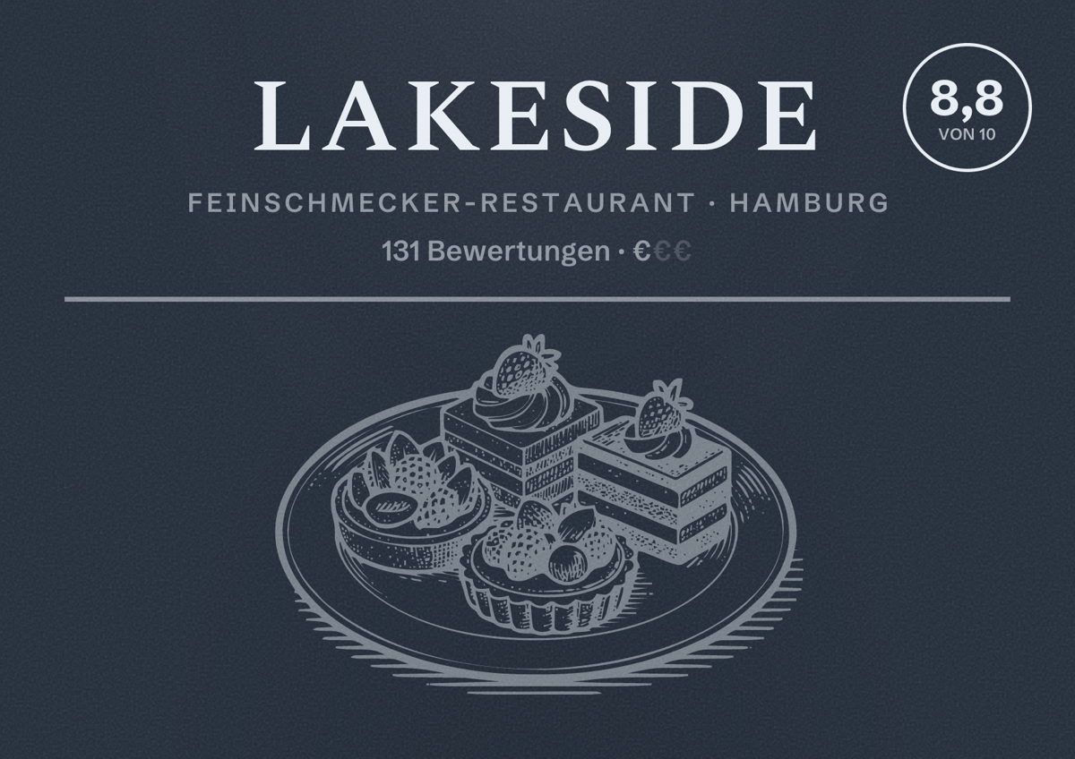 Illustriertes Poster von Lakeside, Feinschmecker-Restaurant in Hamburg: Bewertung 8,8 von 10 aus 131 Bewertungen, Preisniveau €
