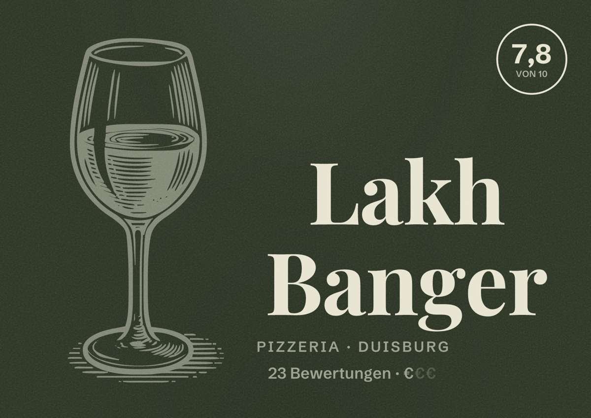Illustriertes Poster von Lakh Banger, Pizzeria in Duisburg: Gästebewertung 7,8 von 10 aus 23 Bewertungen