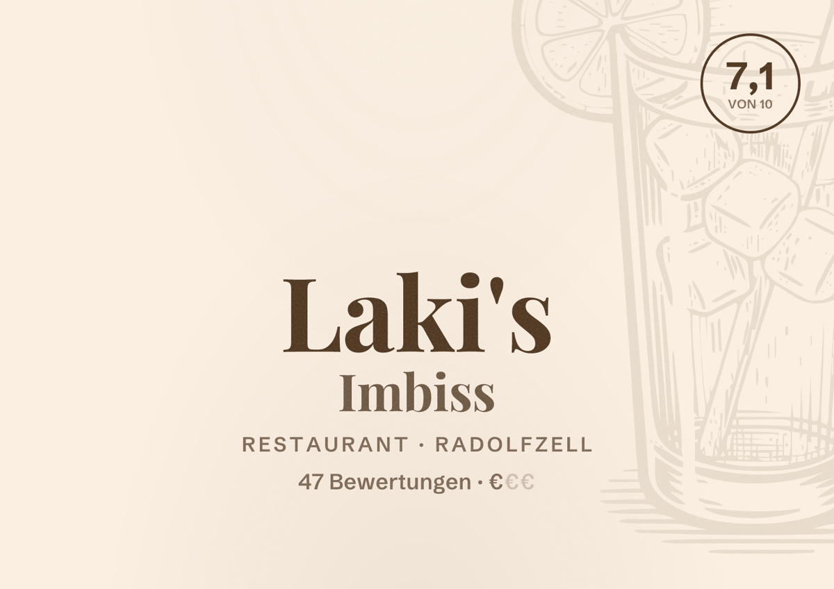 Illustriertes Poster von Laki's Imbiss, Restaurant in Radolfzell: Bewertung 7,1 von 10 aus 47 Bewertungen, Preisniveau €