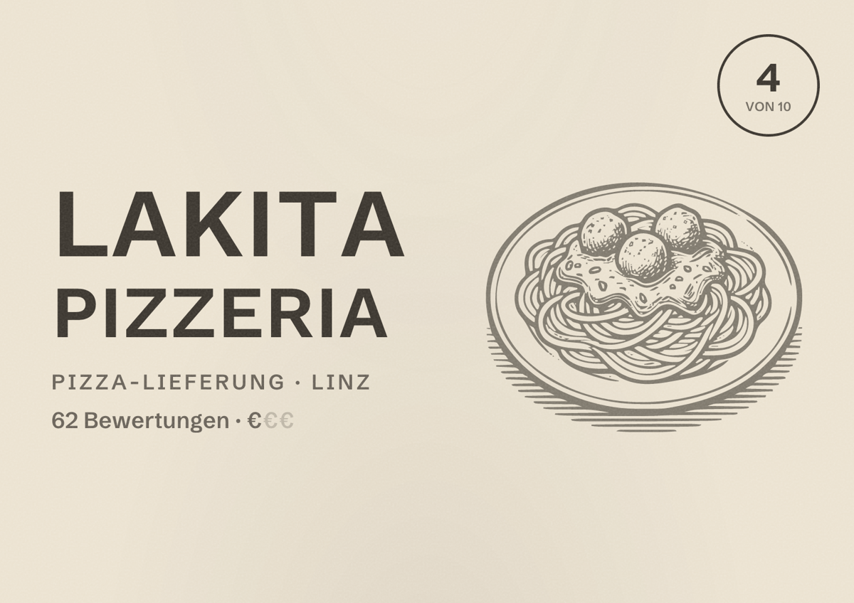 Illustriertes Poster von Lakita Pizzeria, Pizza-Lieferung in Linz: Bewertung 4 von 10 aus 62 Bewertungen, Preisniveau €
