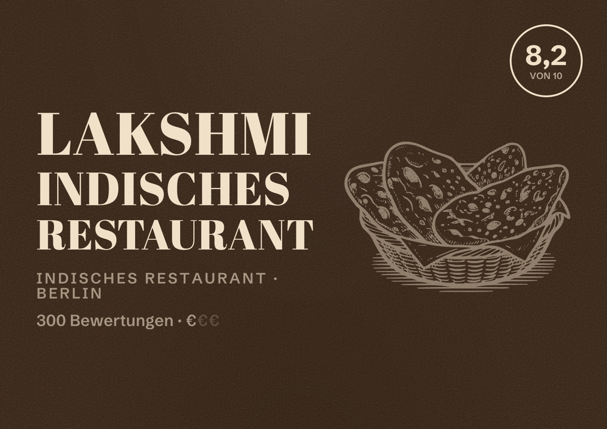 Illustriertes Poster von Lakshmi Indisches Restaurant, Indisches Restaurant in Berlin: Bewertung 8,2 von 10 aus 300 Bewertungen, Preisniveau €