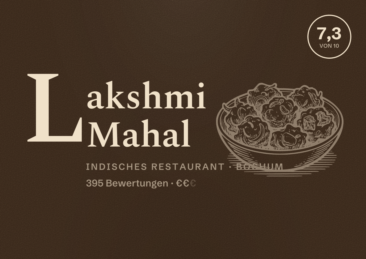Illustriertes Poster von Lakshmi Mahal, Indisches Restaurant in Bochum: Bewertung 7,3 von 10 aus 395 Bewertungen, Preisniveau €€