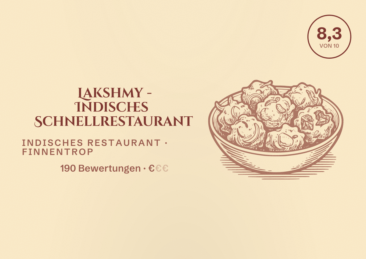 Illustriertes Poster von Lakshmy - Indisches Schnellrestaurant, Indisches Restaurant in Finnentrop: Bewertung 8,3 von 10 aus 190 Bewertungen, Preisniveau €