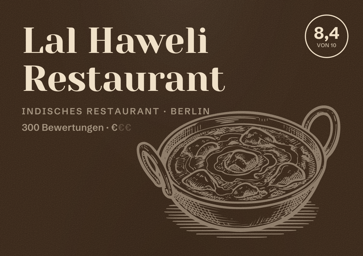 Illustriertes Poster von Lal Haweli Restaurant, Indisches Restaurant in Berlin: Bewertung 8,4 von 10 aus 300 Bewertungen, Preisniveau €