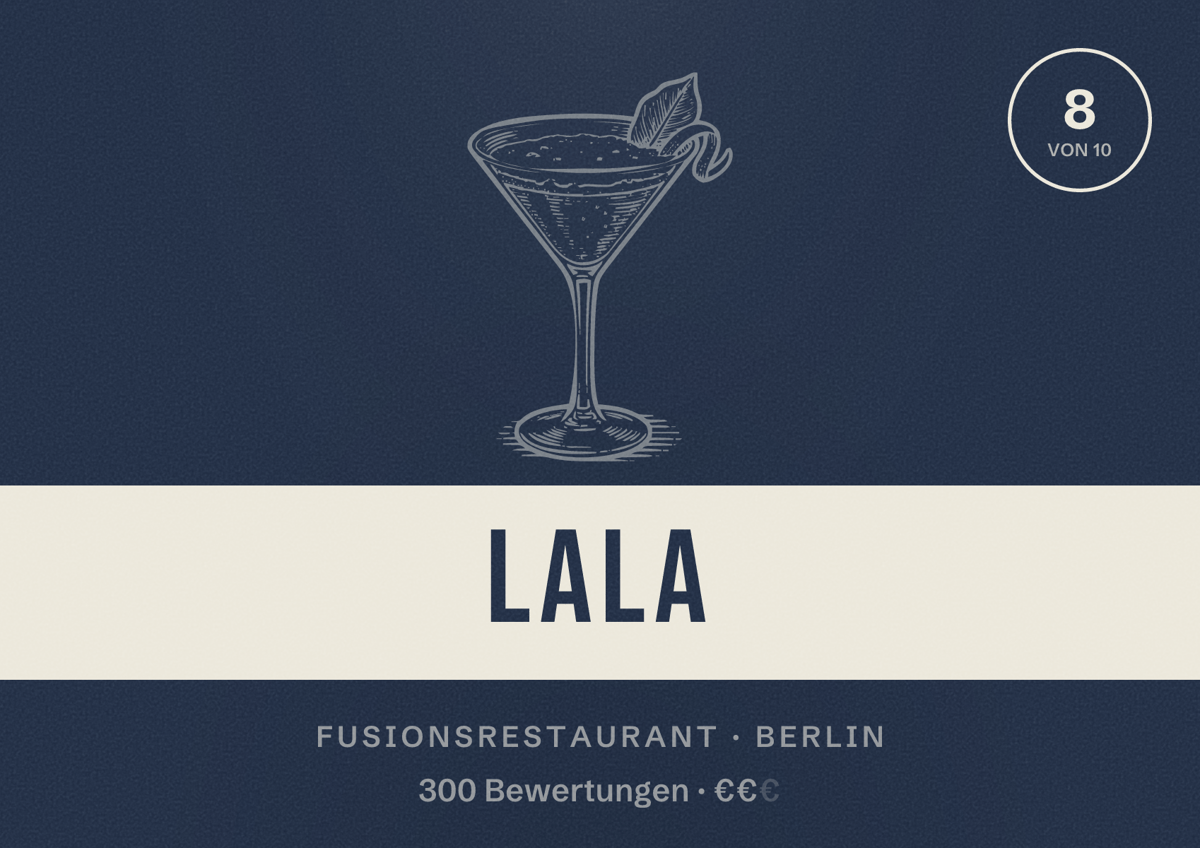 Illustriertes Poster von LALA, Fusionsrestaurant in Berlin: Bewertung 8,0 von 10 aus 300 Bewertungen, Preisniveau €€