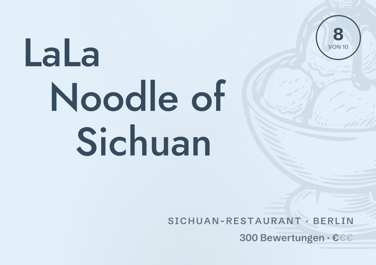 Illustriertes Poster von LaLa Noodle of Sichuan, Sichuan-Restaurant in Berlin: Bewertung 8,0 von 10 aus 300 Bewertungen, Preisniveau €