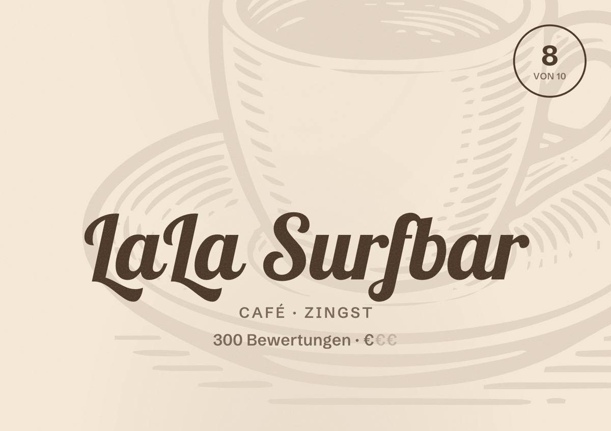 Illustriertes Poster von LaLa Surfbar, Café in Zingst: Bewertung 8 von 10 aus 300 Bewertungen, Preisniveau €