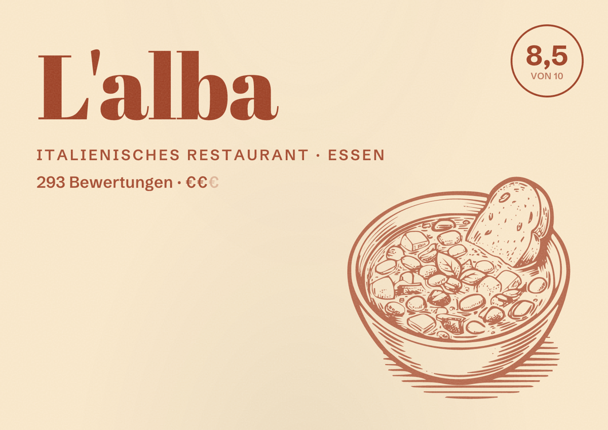 Illustriertes Poster von L'alba, Italienisches Restaurant in Essen: Bewertung 8,5 von 10 aus 293 Bewertungen, Preisniveau €€