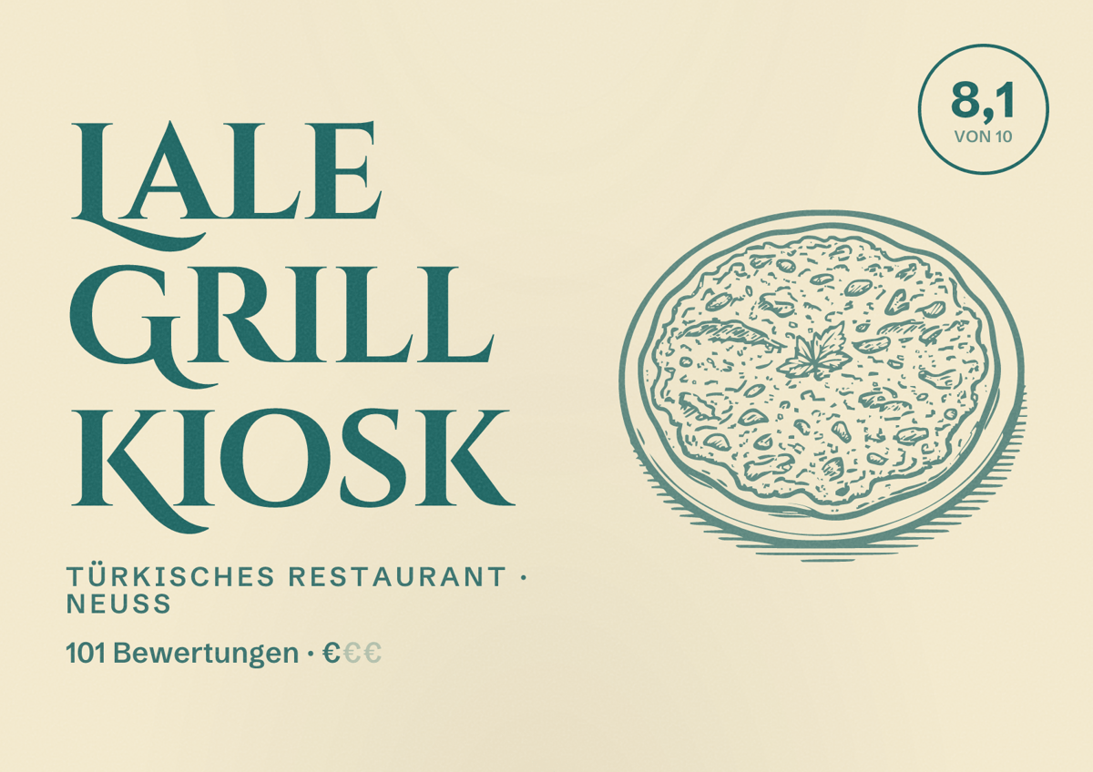 Illustriertes Poster von Lale Grill Kiosk, Türkisches Restaurant in Neuss: Bewertung 8,1 von 10 aus 101 Bewertungen, Preisniveau €