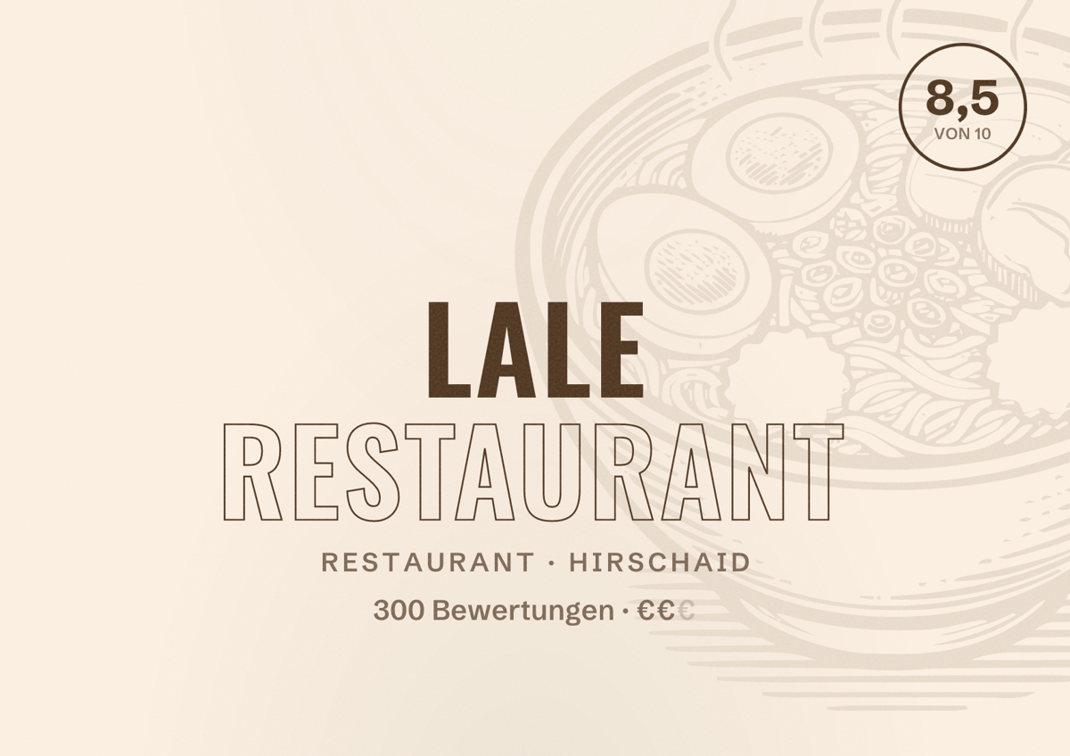 Illustriertes Poster von Lale Restaurant, Restaurant in Hirschaid: Bewertung 8,5 von 10 aus 300 Bewertungen, Preisniveau €€