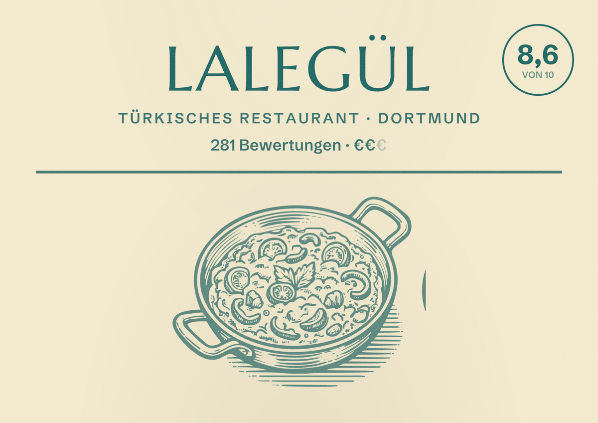 Illustriertes Poster von Lalegül, Türkisches Restaurant in Dortmund: Gästebewertung 8,6 von 10 aus 281 Bewertungen