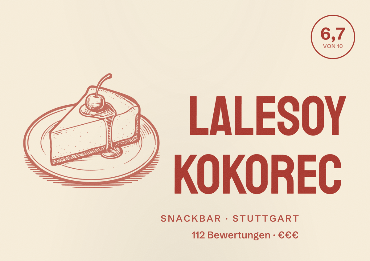 Illustriertes Poster von Lalesoy Kokorec, Snackbar in Stuttgart: Bewertung 6,7 von 10 aus 112 Bewertungen, Preisniveau €€€