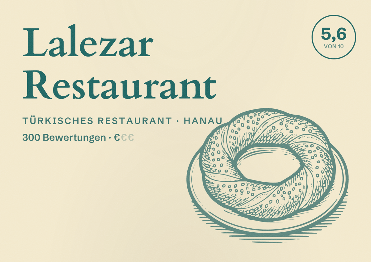 Illustriertes Poster von Lalezar Restaurant, Türkisches Restaurant in Hanau: Bewertung 5,6 von 10 aus 300 Bewertungen, Preisniveau €