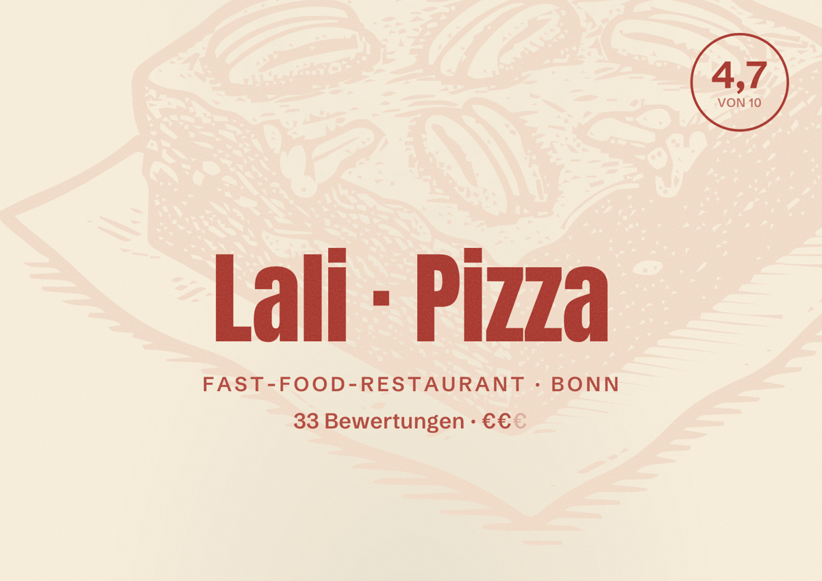 Illustriertes Poster von Lali Pizza, Fast-Food-Restaurant in Bonn: Bewertung 4,7 von 10 aus 33 Bewertungen, Preisniveau €€