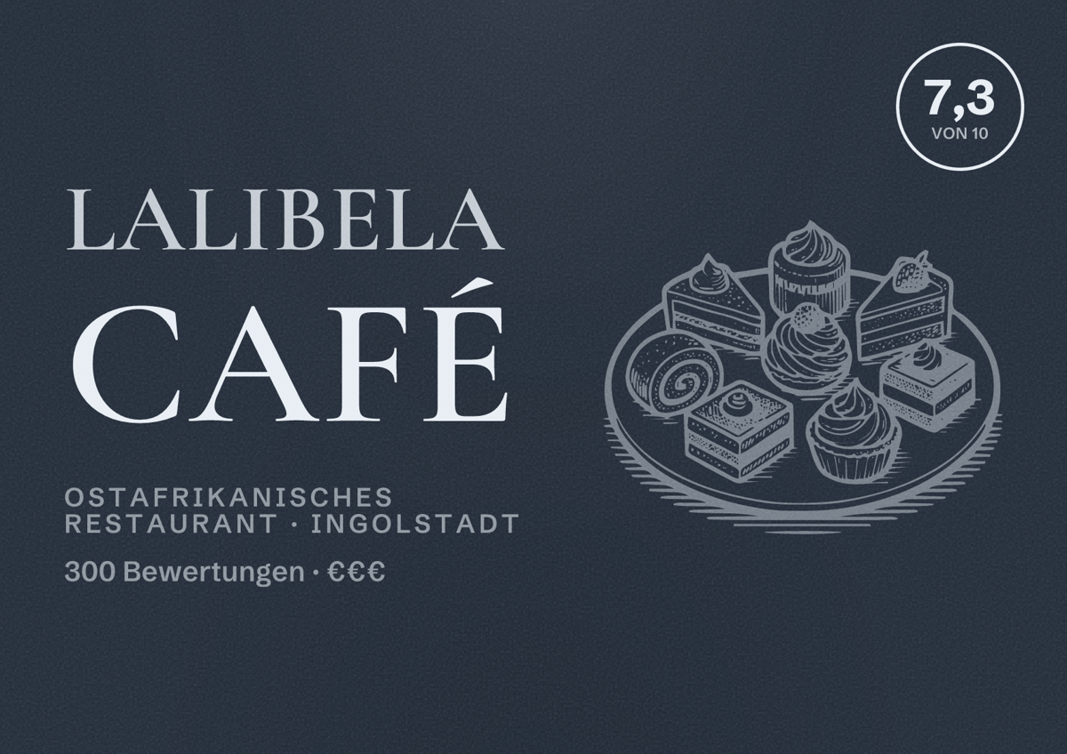 Illustriertes Poster von Lalibela Café, Ostafrikanisches Restaurant in Ingolstadt: Bewertung 7,3 von 10 aus 300 Bewertungen, Preisniveau €€€