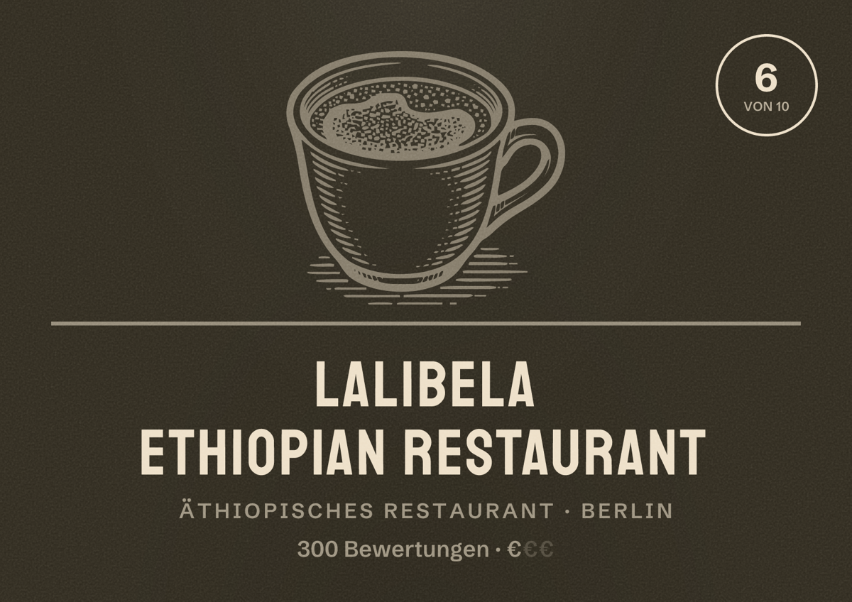Illustriertes Poster von Lalibela Ethiopian Restaurant, Äthiopisches Restaurant in Berlin: Bewertung 6 von 10 aus 300 Bewertungen, Preisniveau €