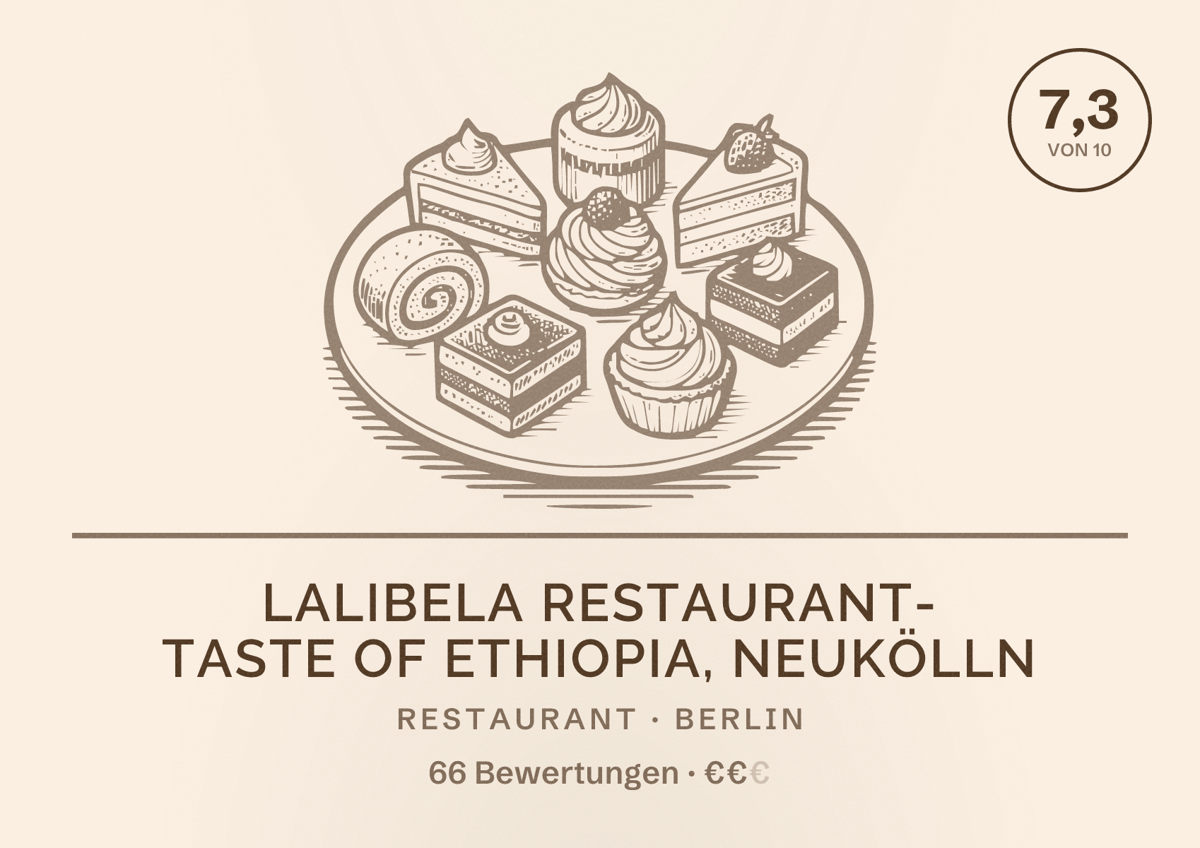 Illustriertes Poster von Lalibela Restaurant- Taste of Ethiopia, Neukölln, Restaurant in Berlin: Bewertung 7,3 von 10 aus 66 Bewertungen, Preisniveau €€