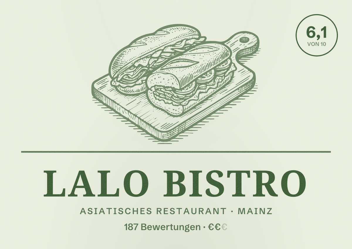Illustriertes Poster von Lalo Bistro, Asiatisches Restaurant in Mainz: Bewertung 6,1 von 10 aus 187 Bewertungen, Preisniveau €€