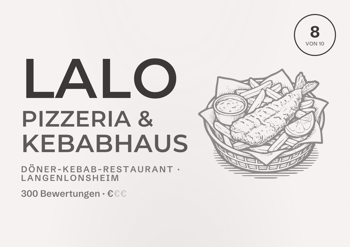 Illustriertes Poster von Lalo Pizzeria & Kebabhaus, Döner-Kebab-Restaurant in Langenlonsheim: Bewertung 8 von 10 aus 300 Bewertungen, Preisniveau €
