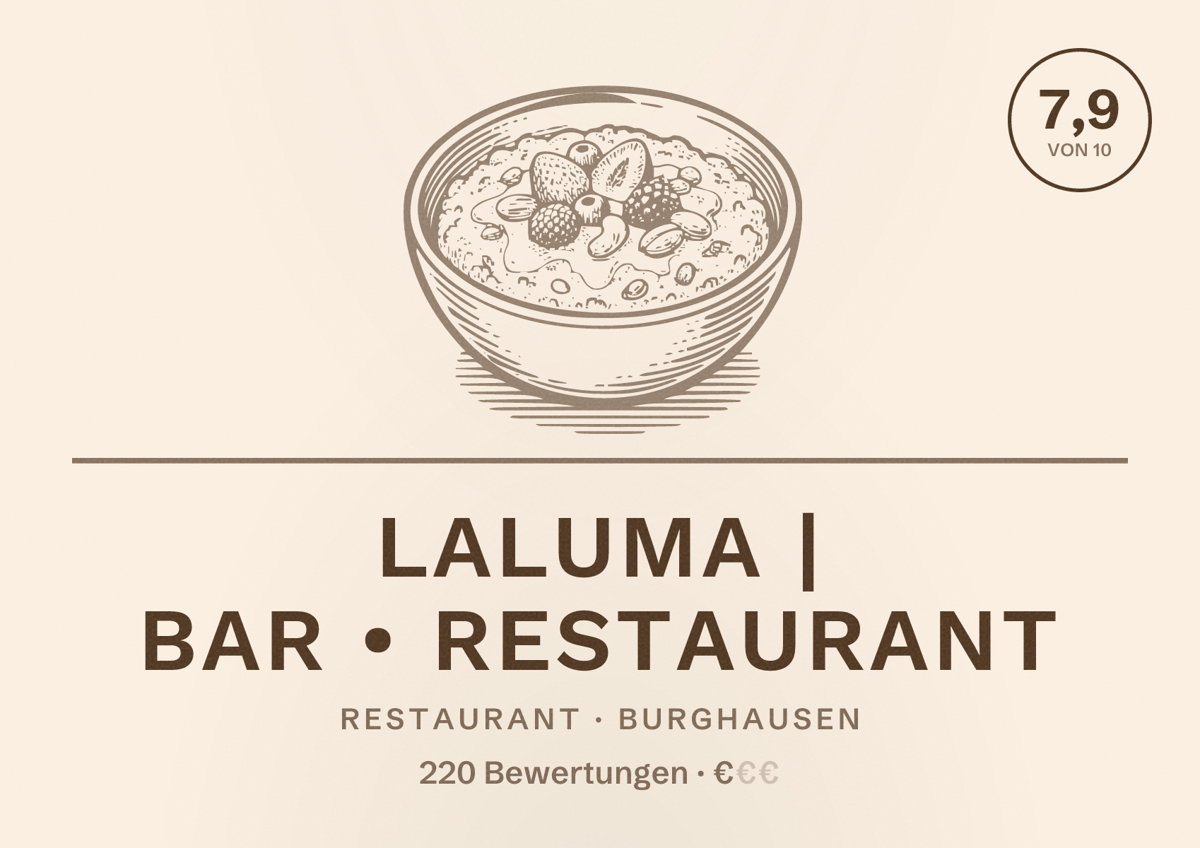 Illustriertes Poster von LALUMA | BAR • RESTAURANT, Restaurant in Burghausen: Bewertung 7,9 von 10 aus 220 Bewertungen, Preisniveau €