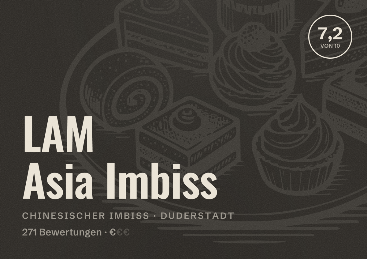 Illustriertes Poster von LAM Asia Imbiss, Chinesischer Imbiss in Duderstadt: Bewertung 7,2 von 10 aus 271 Bewertungen, Preisniveau €