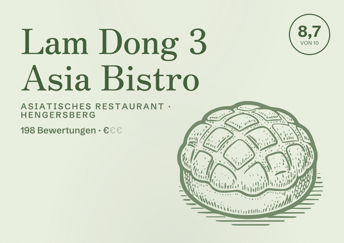 Illustriertes Poster von Lam Dong 3 Asia Bistro, Asiatisches Restaurant in Hengersberg: Bewertung 8,7 von 10 aus 198 Bewertungen, Preisniveau €