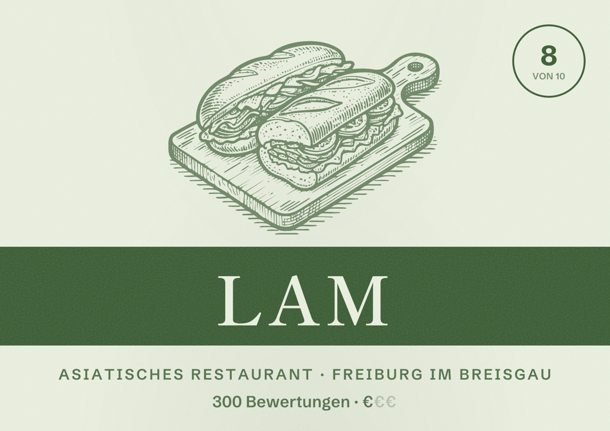 Illustriertes Poster von Lam, Asiatisches Restaurant in Freiburg im Breisgau: Bewertung 8,0 von 10 aus 300 Bewertungen, Preisniveau €