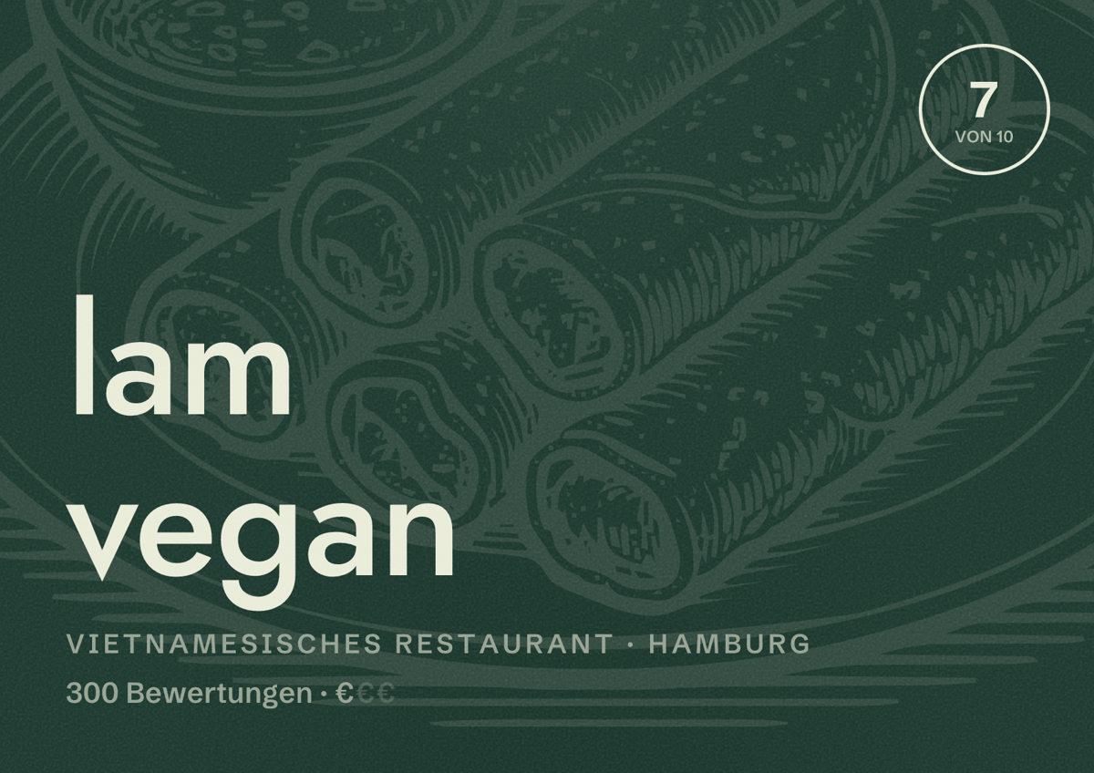 Illustriertes Poster von lam vegan, Vietnamesisches Restaurant in Hamburg: Bewertung 7,0 von 10 aus 300 Bewertungen, Preisniveau €