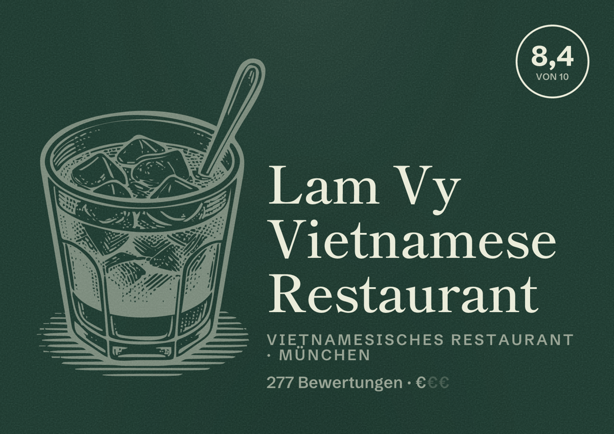 Illustriertes Poster von Lam Vy Vietnamese Restaurant, Vietnamesisches Restaurant in München: Bewertung 8,4 von 10 aus 277 Bewertungen, Preisniveau €