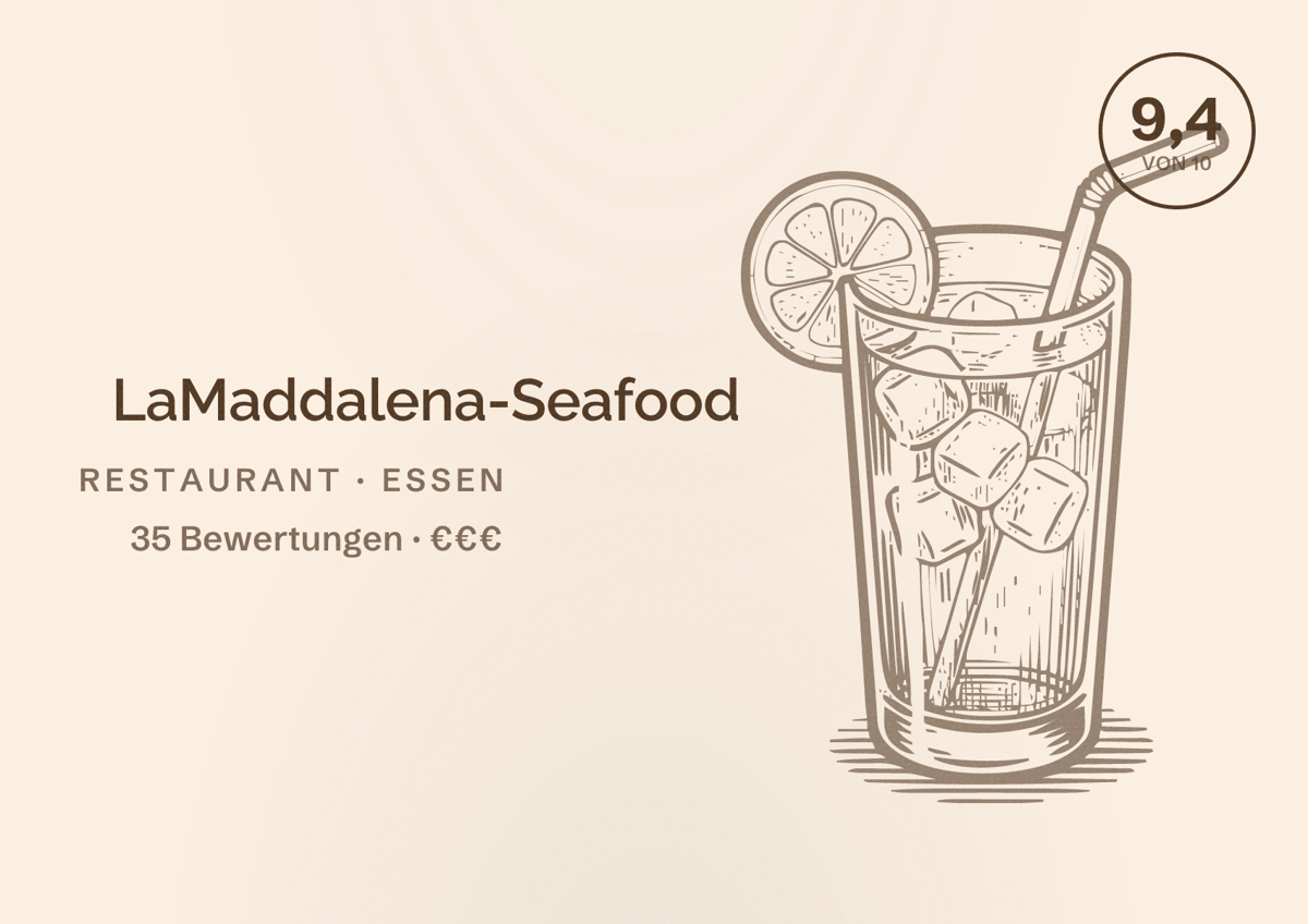 Illustriertes Poster von LaMaddalena-Seafood, Restaurant in Essen: Bewertung 9,4 von 10 aus 35 Bewertungen, Preisniveau €€€
