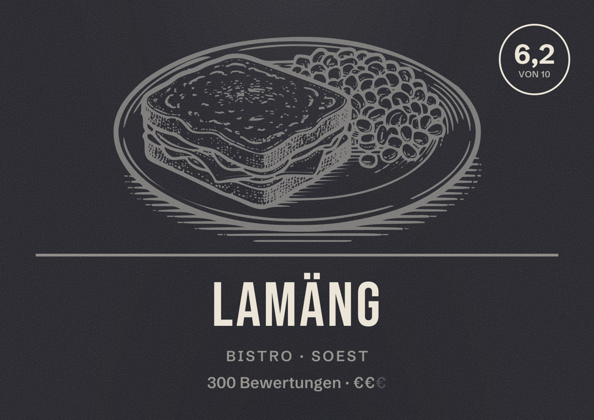 Illustriertes Poster von Lamäng, Bistro in Soest: Bewertung 6,2 von 10 aus 300 Bewertungen, Preisniveau €€