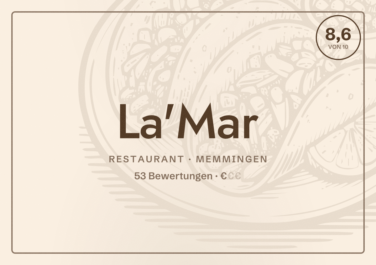 Illustriertes Poster von La'Mar, Restaurant in Memmingen: Bewertung 8,6 von 10 aus 53 Bewertungen, Preisniveau €