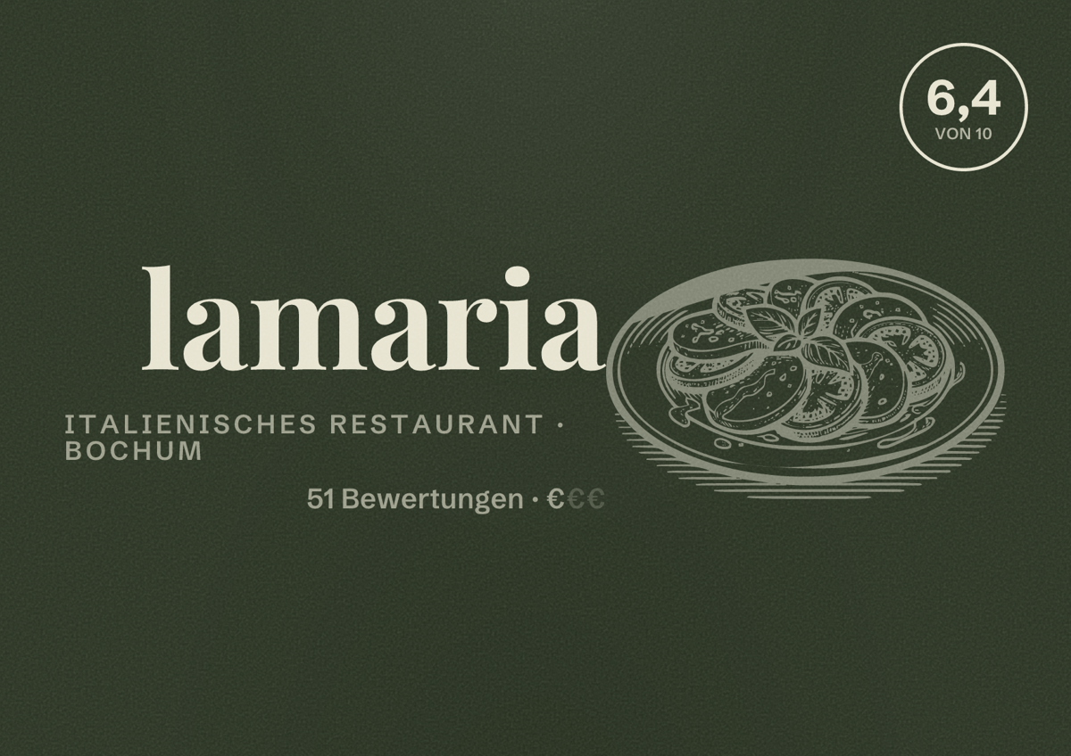 Illustriertes Poster von lamaria, Italienisches Restaurant in Bochum: Bewertung 6,4 von 10 aus 51 Bewertungen, Preisniveau €