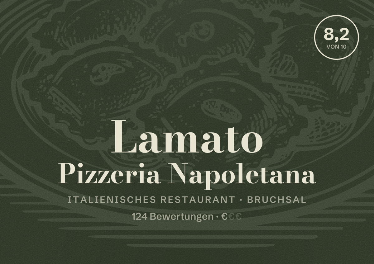 Illustriertes Poster von Lamato Pizzeria Napoletana, Italienisches Restaurant in Bruchsal: Bewertung 8,2 von 10 aus 124 Bewertungen, Preisniveau €