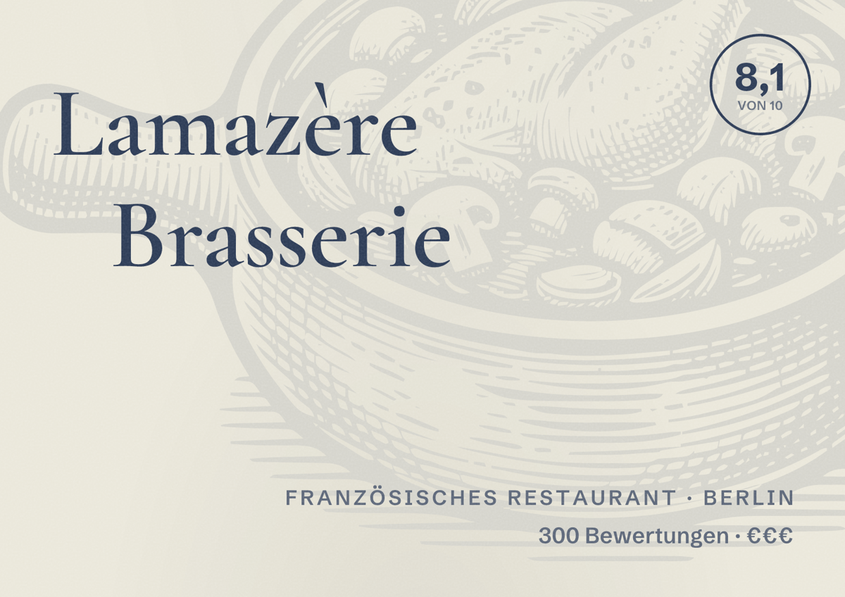 Illustriertes Poster von Lamazère Brasserie, Französisches Restaurant in Berlin: Bewertung 8,1 von 10 aus 300 Bewertungen, Preisniveau €€€