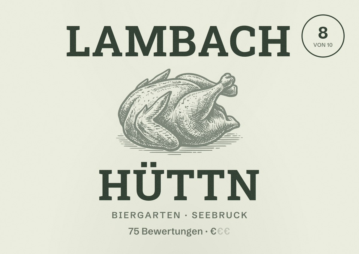 Illustriertes Poster von Lambach Hüttn, Biergarten in Seebruck: Bewertung 8 von 10 aus 75 Bewertungen, Preisniveau €